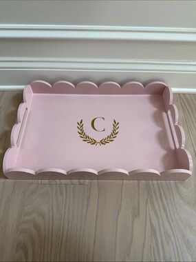 Mark & Graham Pink Scalloped Tray with Gold Laurel Monogram